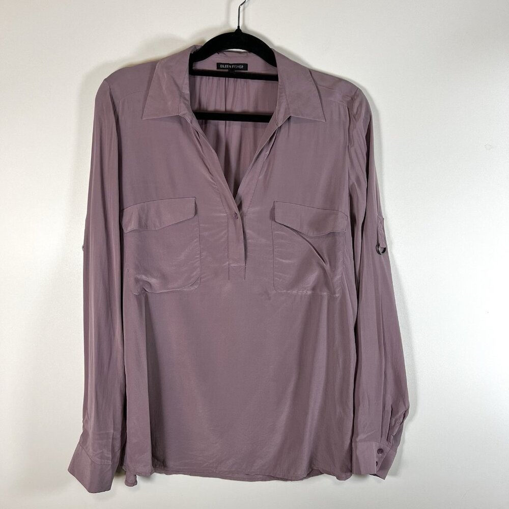 Eileen Fisher Blouse Womens Sz Small Purple Silk Pocket Tunic Button Sleeve Top